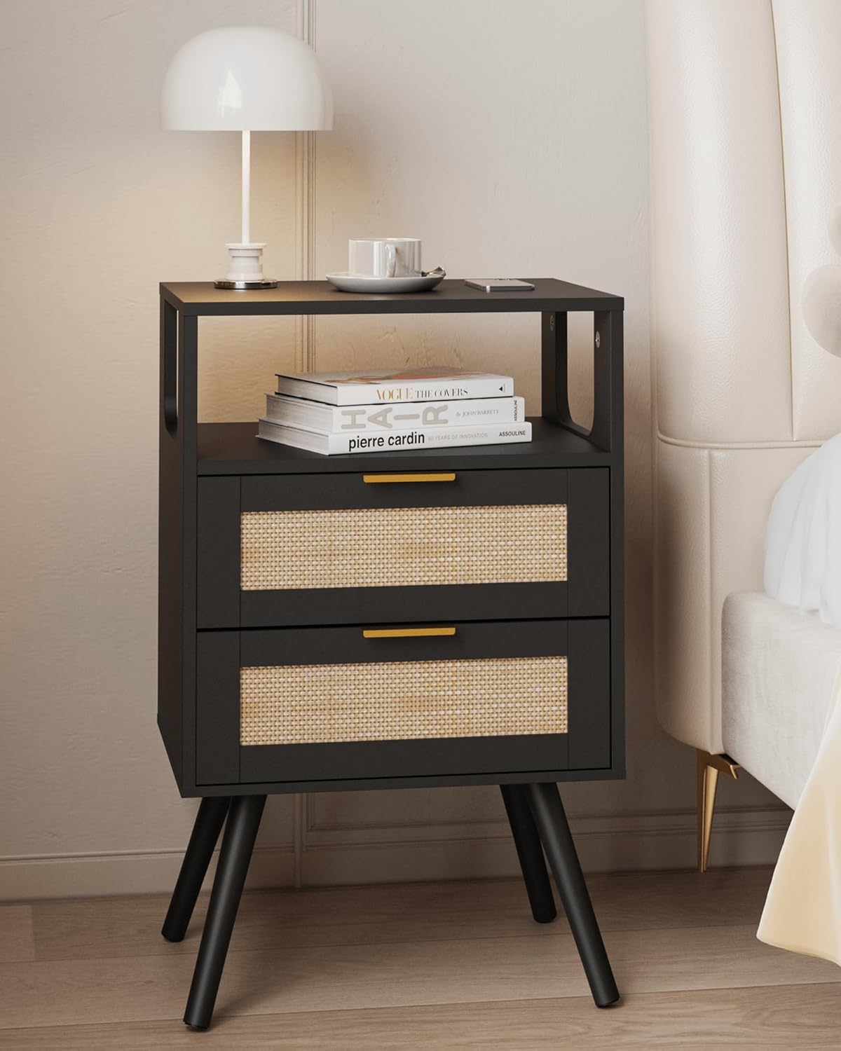 Rattan Nightstand,Farmhouse Bedside Table with 2 Storage Drawer and Open Wood Shelf, for Bedroom and Small Spaces,Night Stand with Solid Wood Legs (Black)