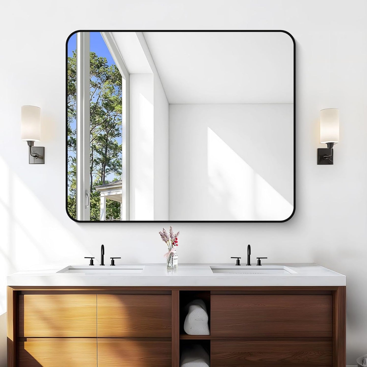 Bathroom Mirror, 48 x 40 inch Black Rectangle Wall Mirror, Metal Frame Rectangular Vanity Mirror, Rounded Corner Wall Mounted Mirror for Modern Bedroom Living Room Hangs Horizontal/Vertical