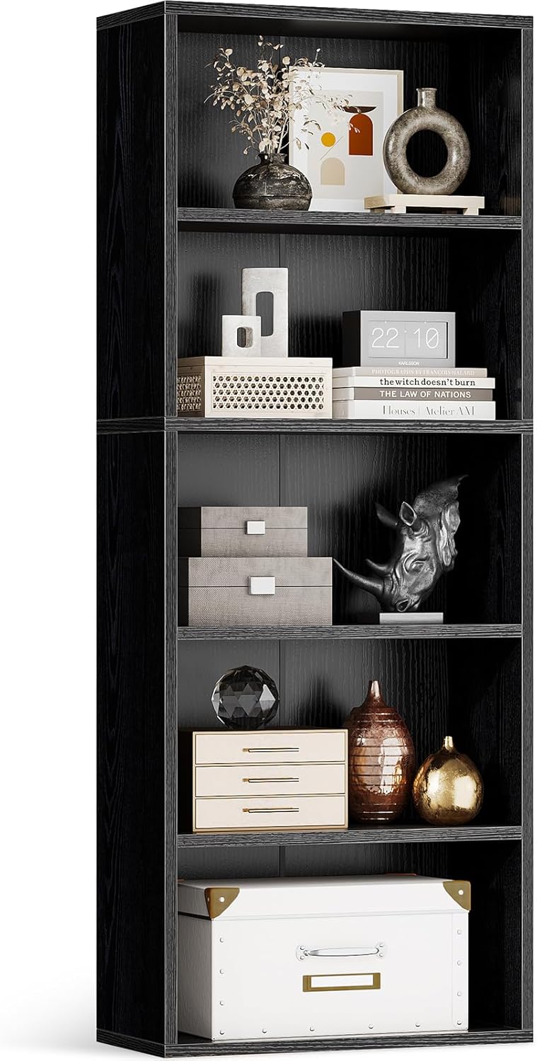 Casaottima 5-Tier Open Bookshelf and Bookcase, Floor Standing Display Storage Shelves for Living Room, Tall Book Shelf for Bedroom, Home Office, Dining Room, Black