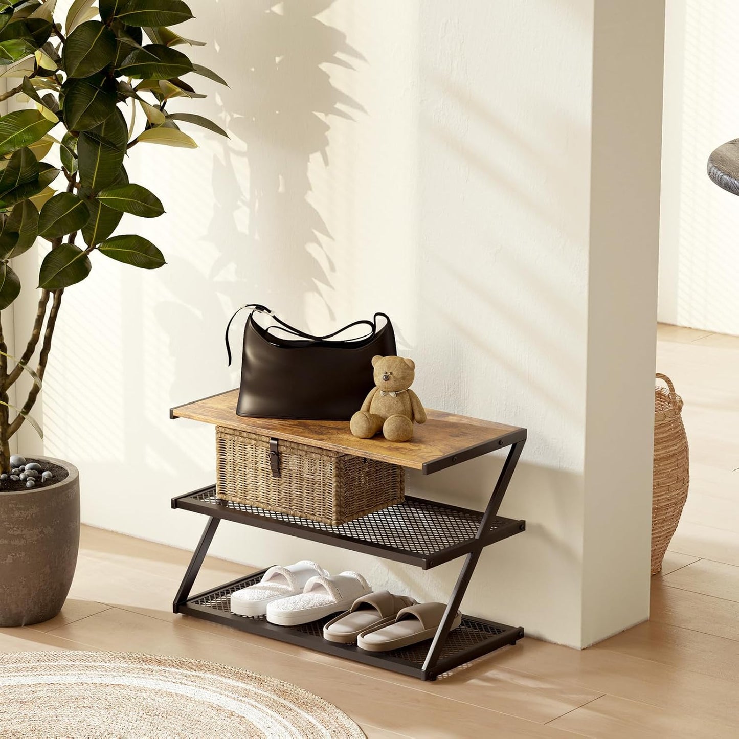 Z-Frame Shoe Rack with Wooden Top & Metal Mesh Shelves - Space-Saving Storage for Hallway, Living Room, Closet & Bedroom (24.41" x 11.02" x 16.14")