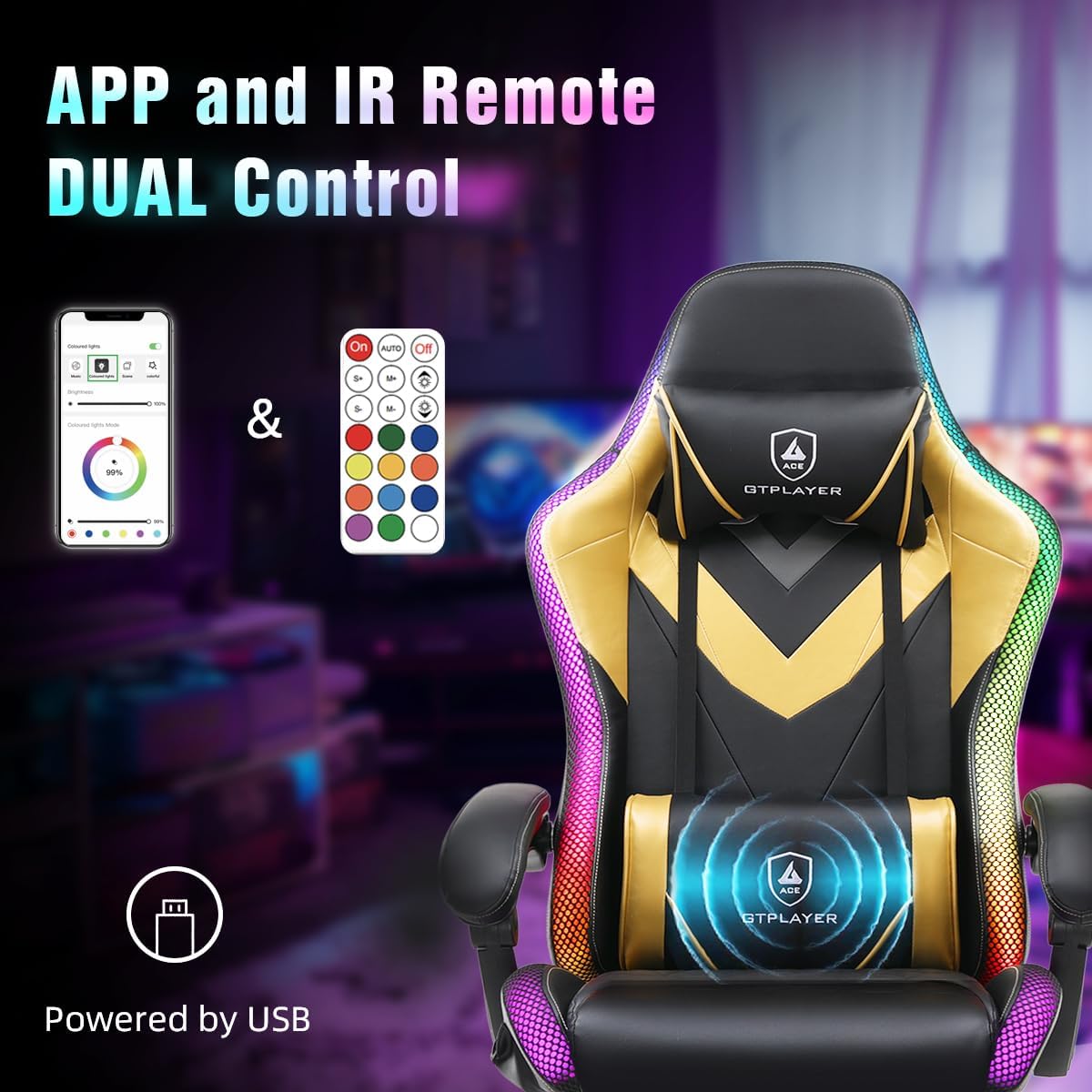 GTPLAYER Gaming Chair, RGB Gaming Chairs with LED Lights, Video Gaming Chair for Adults, Ergonomic Computer Gaming Chair with Linkage Armrest, Reclining Chair with Headrest (with Massage, Yellow)