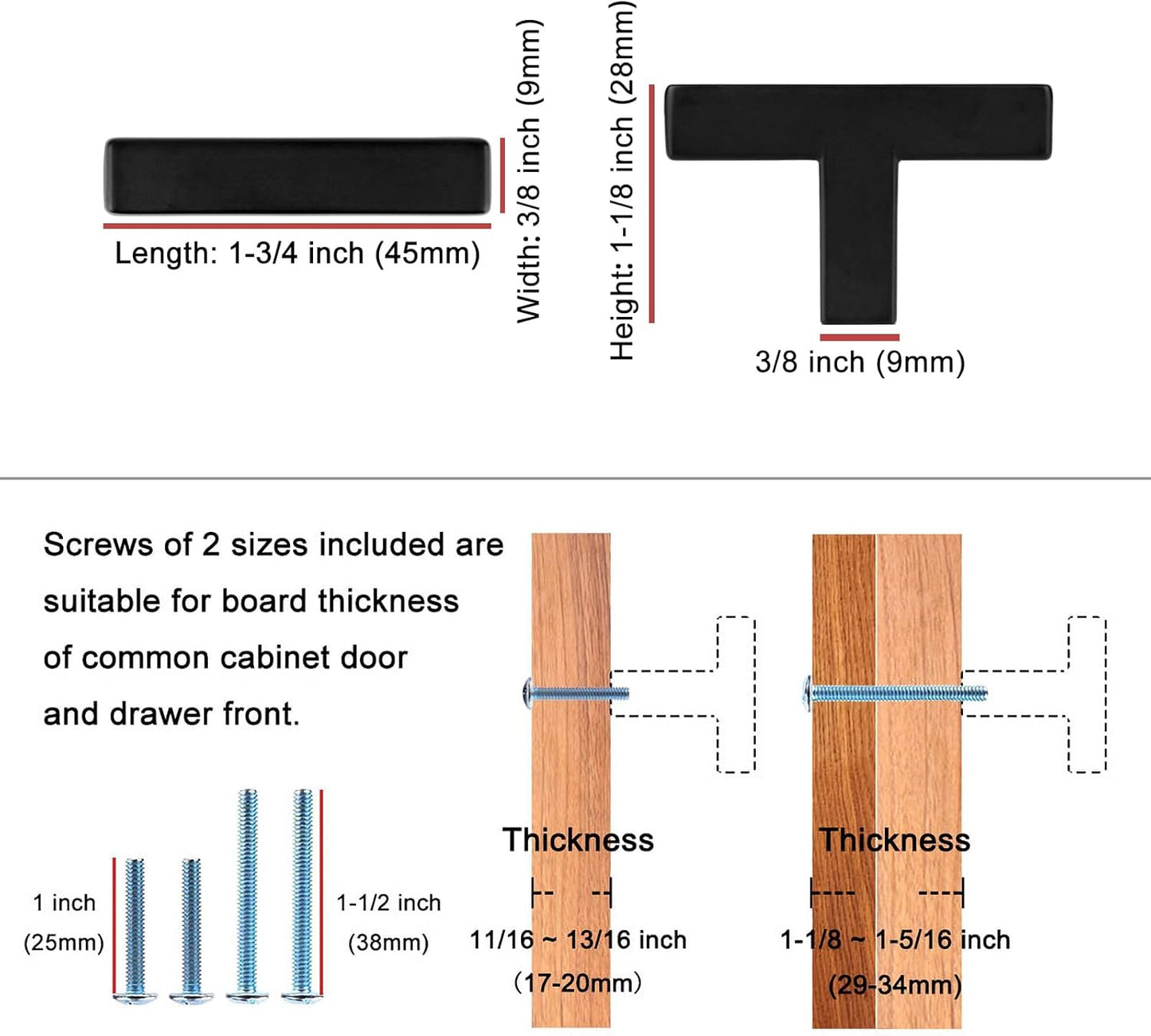 KOOFIZO 30-Pack Solid T Bar Cabinet Knob - Black Pull Handle (Length 45mm / 1.77 Inch) for Kitchen Cupboard Door, Bedroom Dresser Drawer, Bathroom Wardrobe Hardware