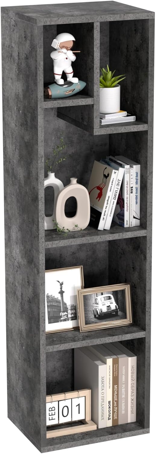 VECELO Small Bookshelf, 5 Cube Slim Bookcase, Fits Tallest Hardcovers, Horizontal Available, Modern Floor Standing Unit, Each Shelf Hold Up to 66 LBS,Modern Gray