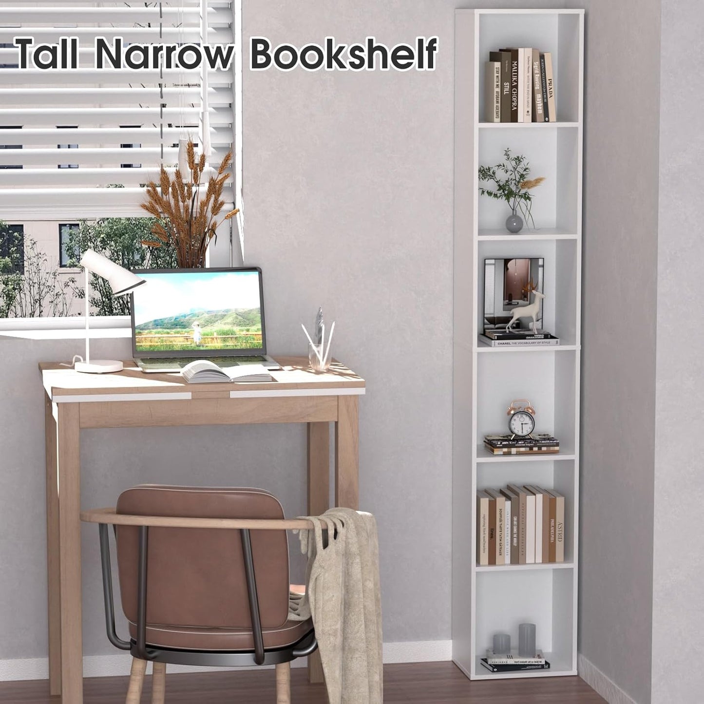 Tall Narrow Bookshelf 6-Tier Bookcase,70.5" Skinny Thin Corner Shelf Slim Storage Cabinet,Wood DVD CD Media Cube Organizer Tower Rack for Small Spaces, Bedroom, Living Room, Office,White