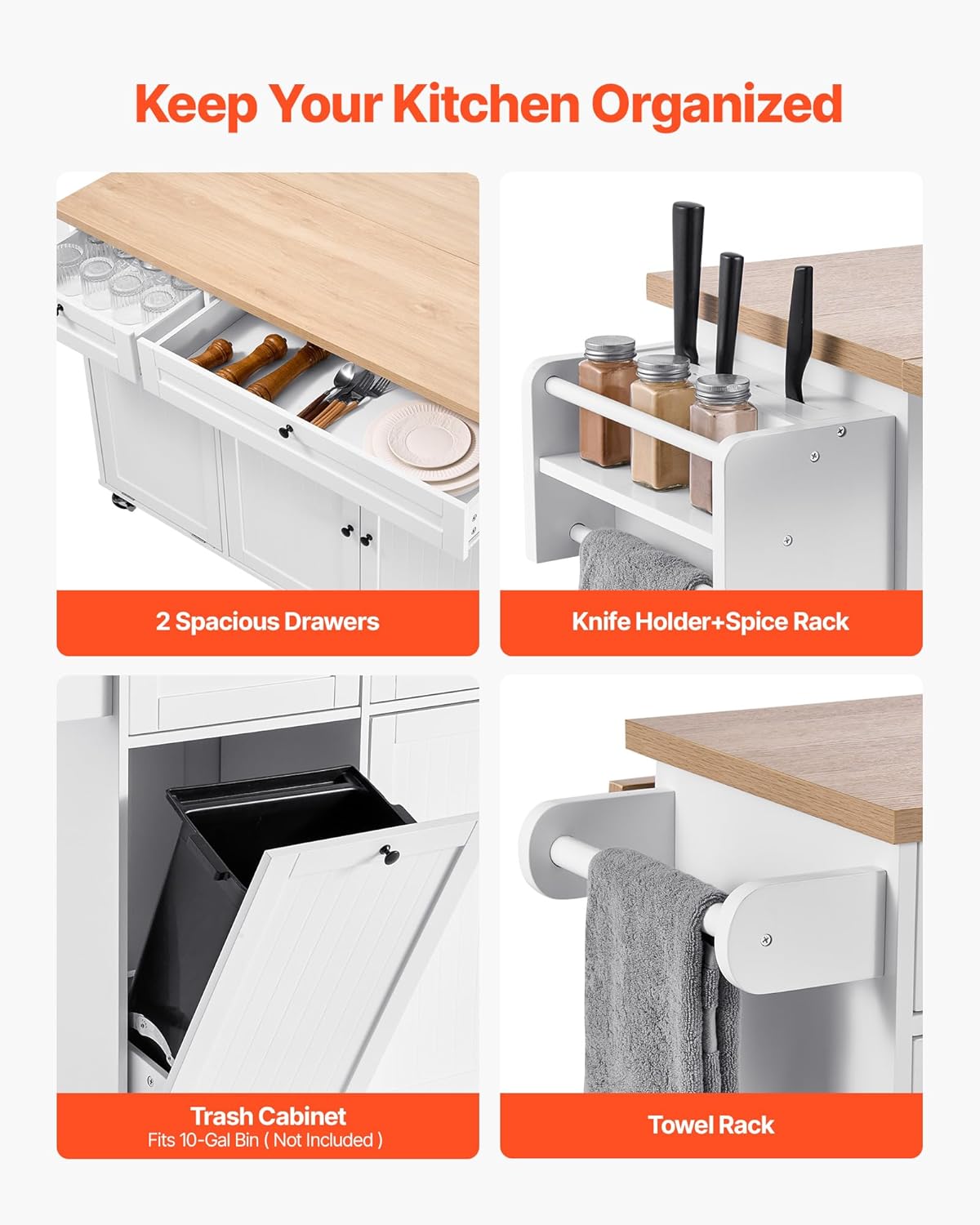 VEVOR Kitchen Island Cart with Storage, 60in Wide Mobile Kitchen Cart with Wheels, Drop Leaf, 2 Drawers, Trash Can Cabinet, Knife Holder, Spice Rack, and Towel Rack, Table for Dining Room, Pantry