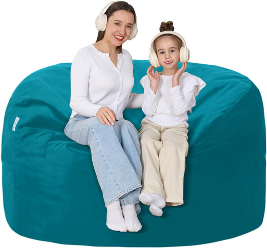 4FT Bean Bag Chair with Ultra Soft Velvet Cover Bean Bag Sofa with Memory Foam Bean Bag Chairs with Large Size Lazy Sofa for Dorm Office Living Room Bedroom Sea Blue 4'
