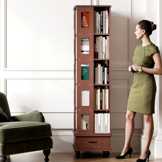 Solid Wood Rotating Bookshelf Tower, 5-Tier Square Spinning Bookcase with Drawer, 70" Floor Standing Revolving Bookshelf on Wheels, Corner Bookcase for Small Space, Walnut