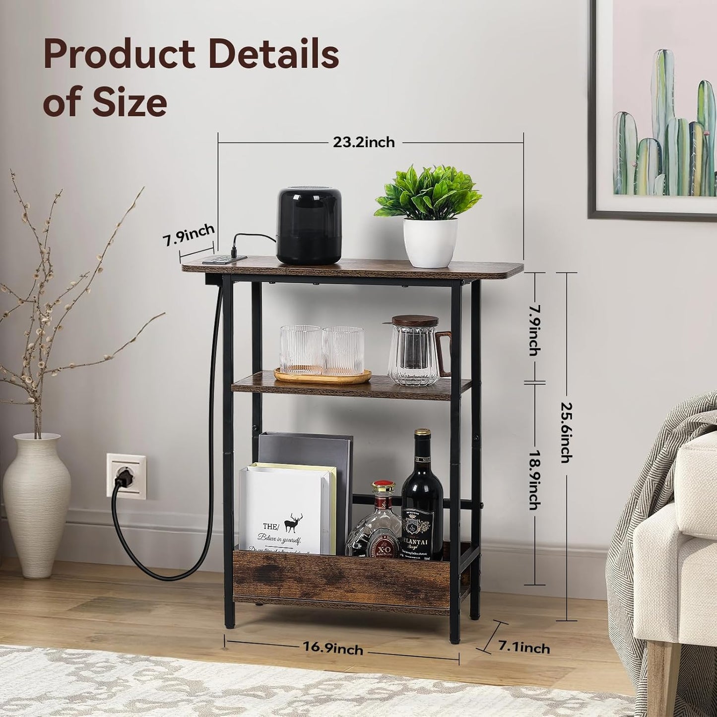 Narrow Side Table with USB-C Charging Station, 3-Tier Slim End Table with Magazine Holder, Modern Side Table for Couch or Small Spaces, Skinny Nightstand for Living Room or Bedroom