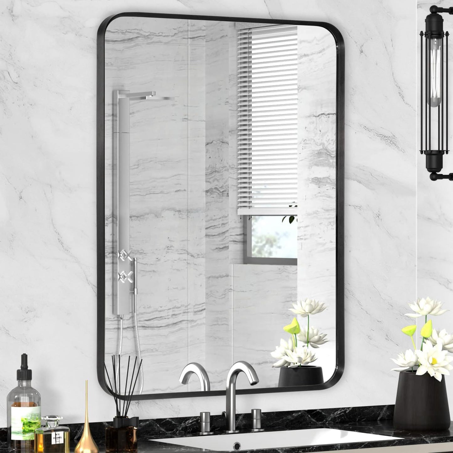 Wall Mount Mirror for Bathroom, Brushed Black Metal Framed Rounded Corner Rectangular Vanity Mirror, Tempered Glass, Anti-Rust, Hangs Horizontally or Vertically (22" x 30", Black)