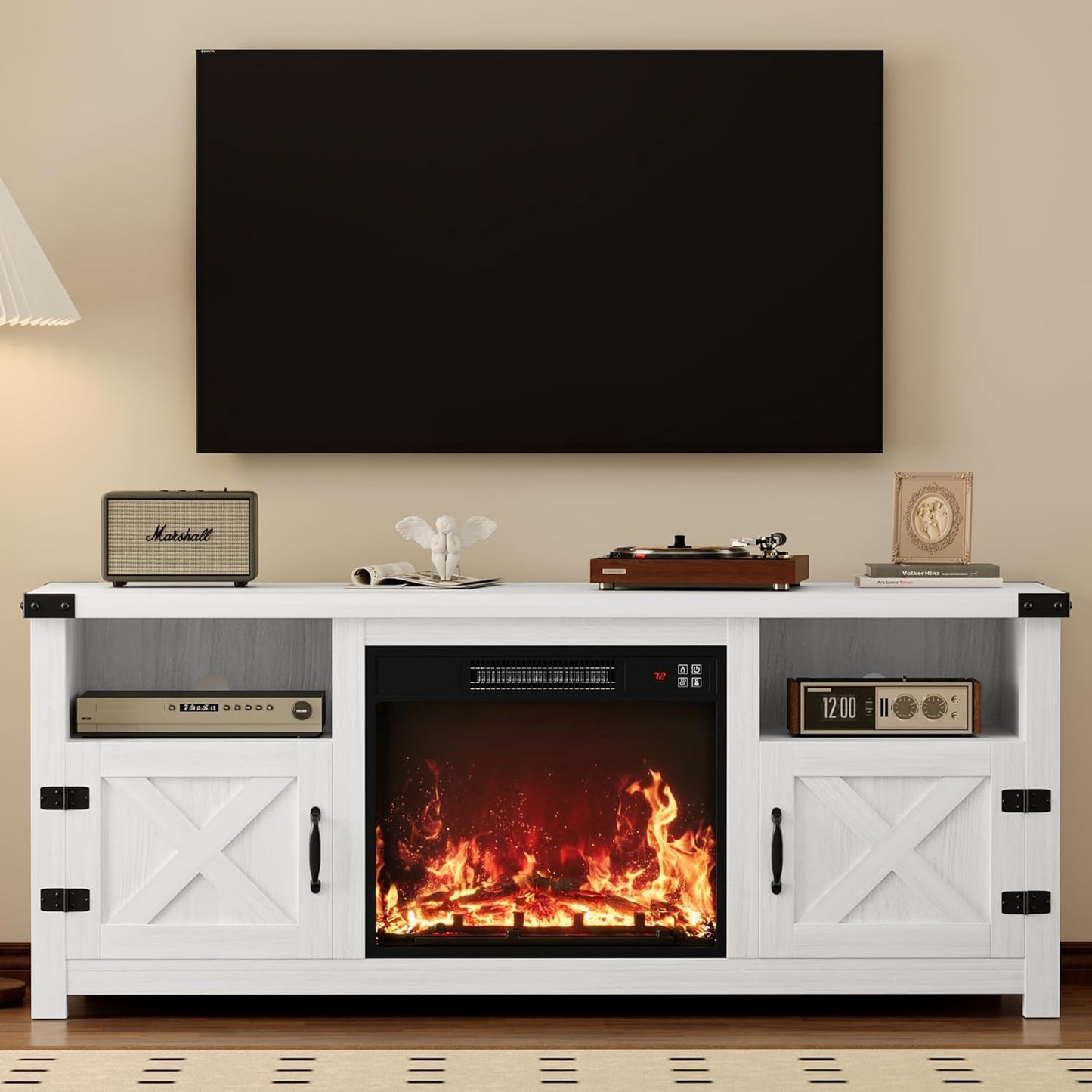 YESHOMY Fireplace TV Stand with Barn Doors and Open Display Shelf, Farmhouse Media Console with Hidden Cable Routing, Entertainment Center for Televisions up to 65+ Inch, White
