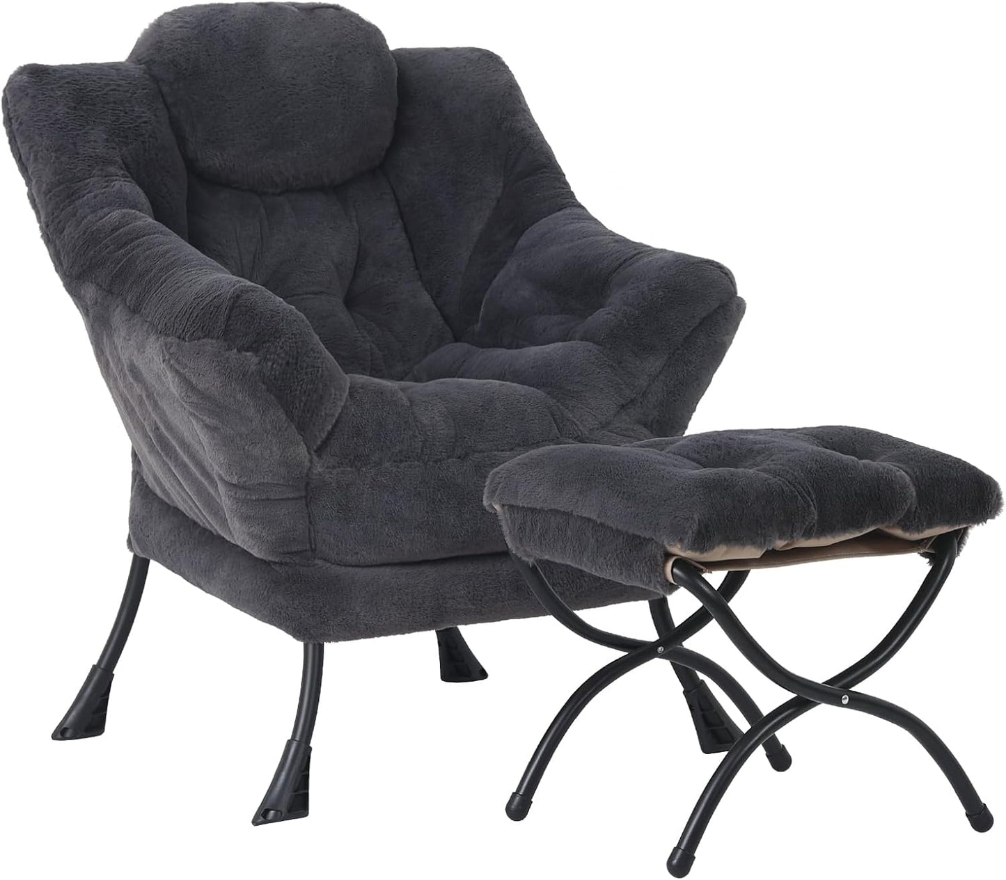 Lazy Chair with Ottoman, Modern Accent Chair Lounge Leisure Sofa Chair with Armrests, Reading Chair and Folding Footstool for Living Room, Bedroom, Office, Plush Navy