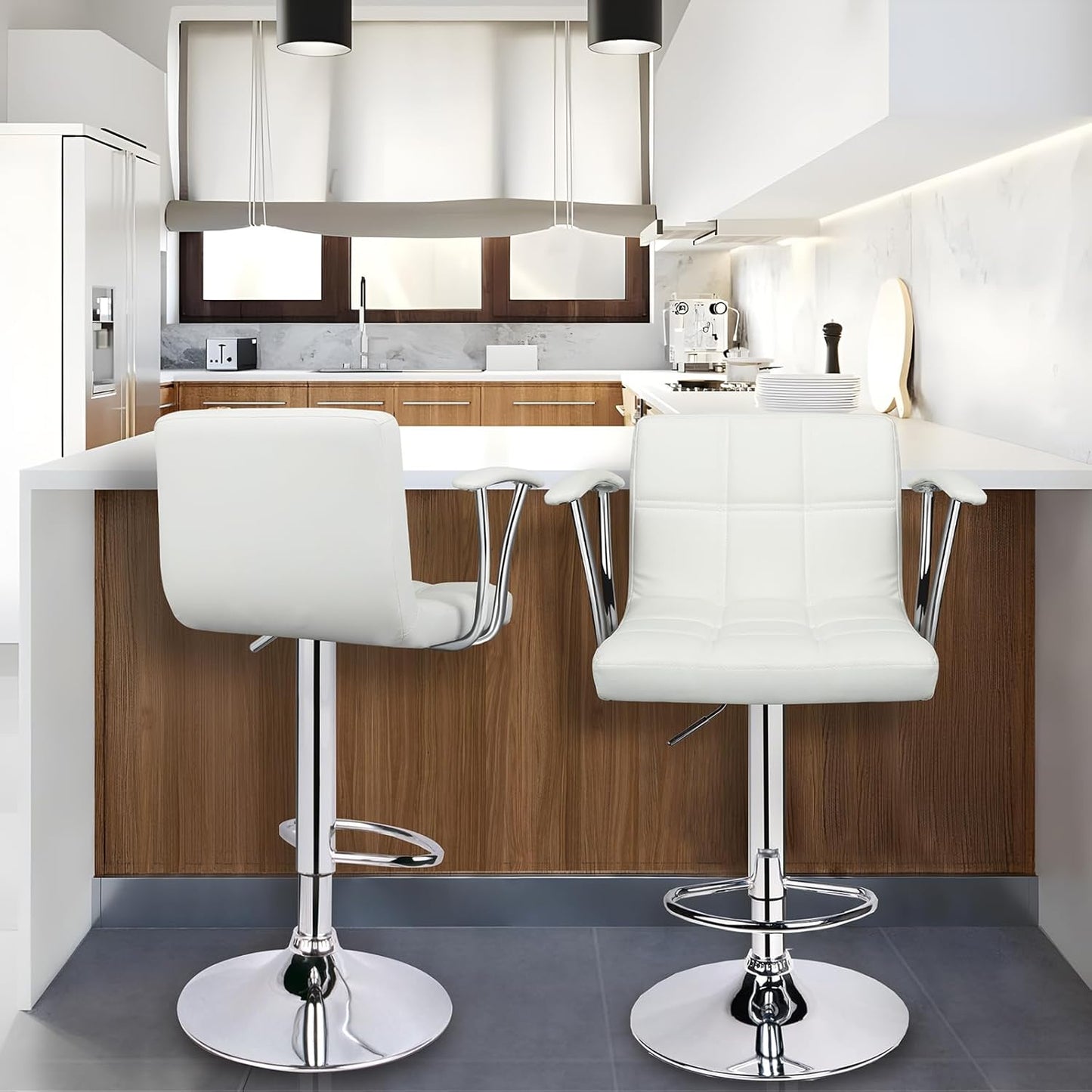 Bar Stools Set of 2,Armrest Adjustable Swivel Barstools with Back,Double Needle PU Leather Counter Height Bar Stools for Kitchen Island, White
