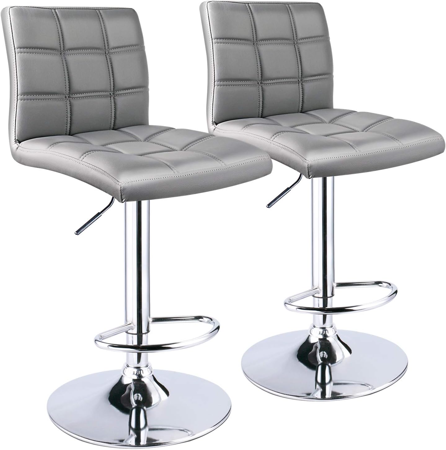 Leopard Modern Square Back PU Leather Adjustable Bar Stools with Back, Set of 2, Counter Height Swivel Stool (Light Grey)