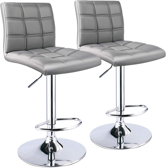 Leopard Modern Square Back PU Leather Adjustable Bar Stools with Back, Set of 2, Counter Height Swivel Stool (Light Grey)