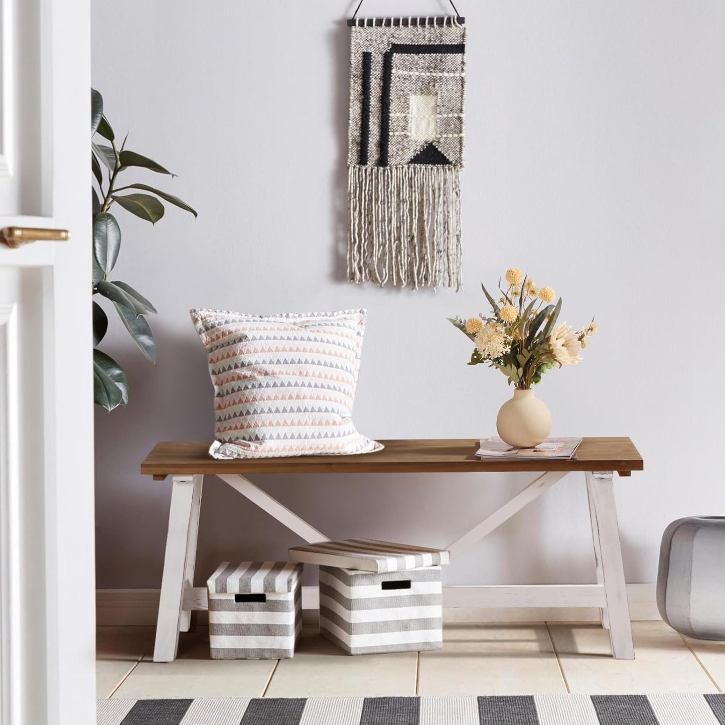 Wnutrees 43" Farmhouse Wood Bench, Narrow Bench, Long Bench Seat for Entryway, Living Room, Dining Room, Solid Wood, White