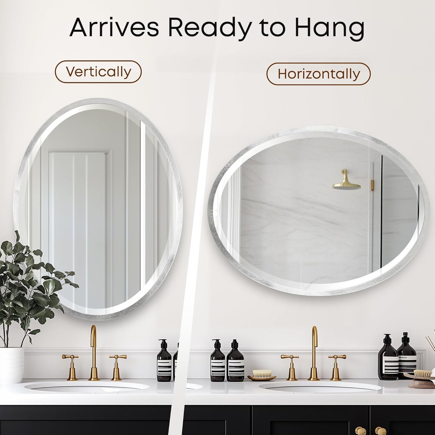 OVALCREST - Oval Wooden Beveled Wall Mirror for Home Decor, Bathroom, Vanity, Bedroom, Living Room, Hallway - London Style (Silver Leaf with Brown Antique) 25.1 x 37.1