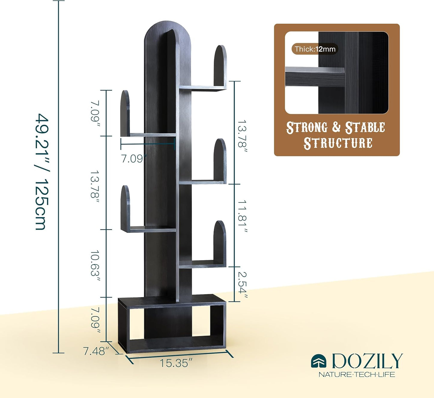 Cactus Tree Bookshelf, 5-Tier Wood 50" Tall Book Corner Storage Rack for CDs/Movies/Books, Small Space-Saving Organizer Shelves for Living Room, Bedroom, Home Office (Black)