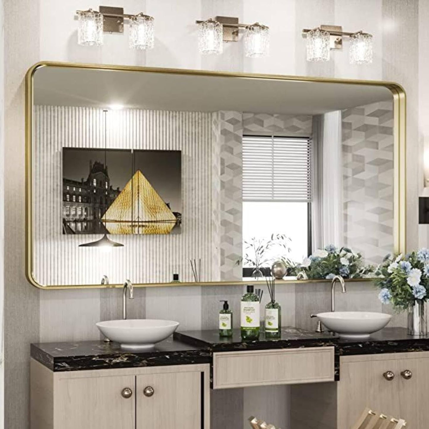 Gold Bathroom Mirror, 72x36 Inch Brushed Gold Metal Frame Mirror for Wall, Rounded Rectangle Bathroom Vanity Mirror, Tempered Glass, Anti-Rust, Horizontal/Vertical