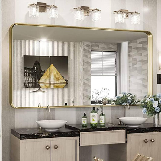 Gold Bathroom Mirror, 72x36 Inch Brushed Gold Metal Frame Mirror for Wall, Rounded Rectangle Bathroom Vanity Mirror, Tempered Glass, Anti-Rust, Horizontal/Vertical