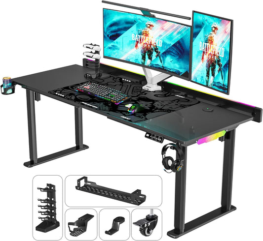 JWX Dual Motor 4 Leg Standing Gaming Desk with LED Lights,71'' Height Adjustable Sit Stand Computer Table, Flip-Up Cable Management Panel, Memory Presets Ergonomic Workstation for Gaming Room Setup