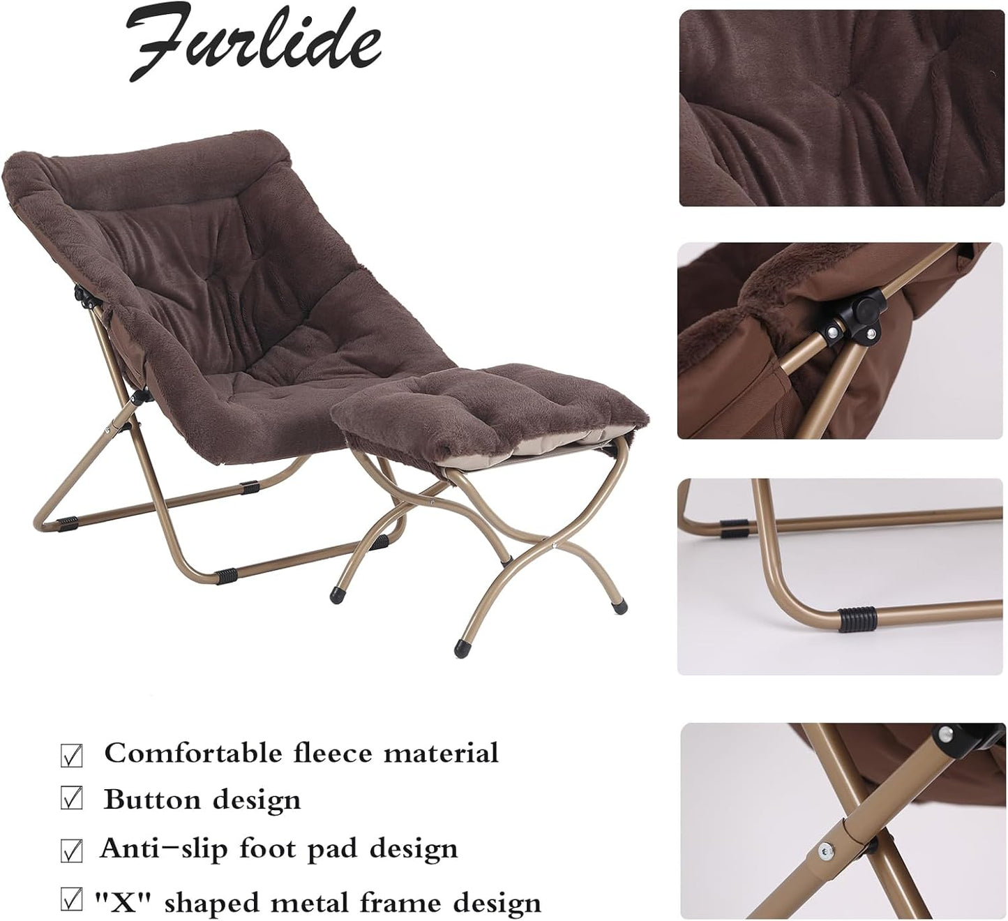 Saucer Chair with Ottoman, Oversized Folding Faux Fur Chair, Foldable Metal Frame Chair for Bedroom, Living Room, Balcony, Patio, Study, Playroom (Coffee)