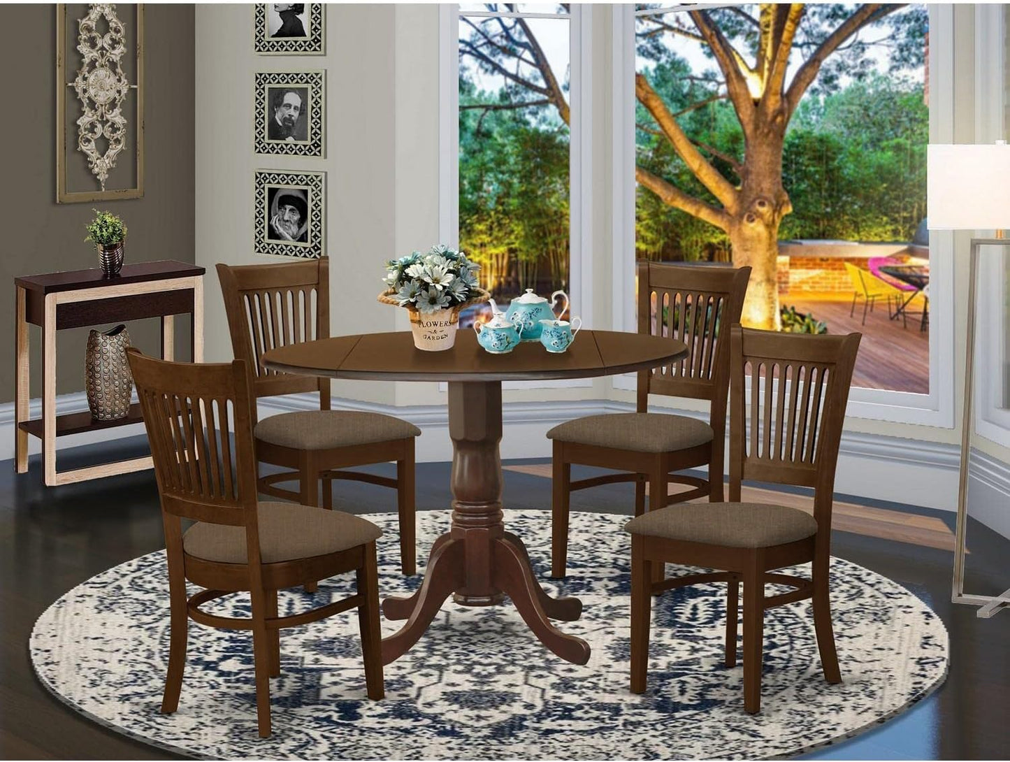 East West Furniture DLVA5-ESP-C 5 Piece Dining Set Includes a Round Dining Room Table with Dropleaf and 4 Linen Fabric Upholstered Chairs, 42x42 Inch, Espresso