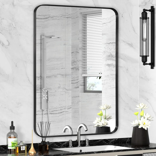 Black Framed Bathroom Mirror for Wall, Matte Black Rounded Corner Rectangle Vanity Mirror, Brushed Frame, Tempered Glass, Anti-Rust, Hangs Horizontally or Vertically (24" x 32", Black)