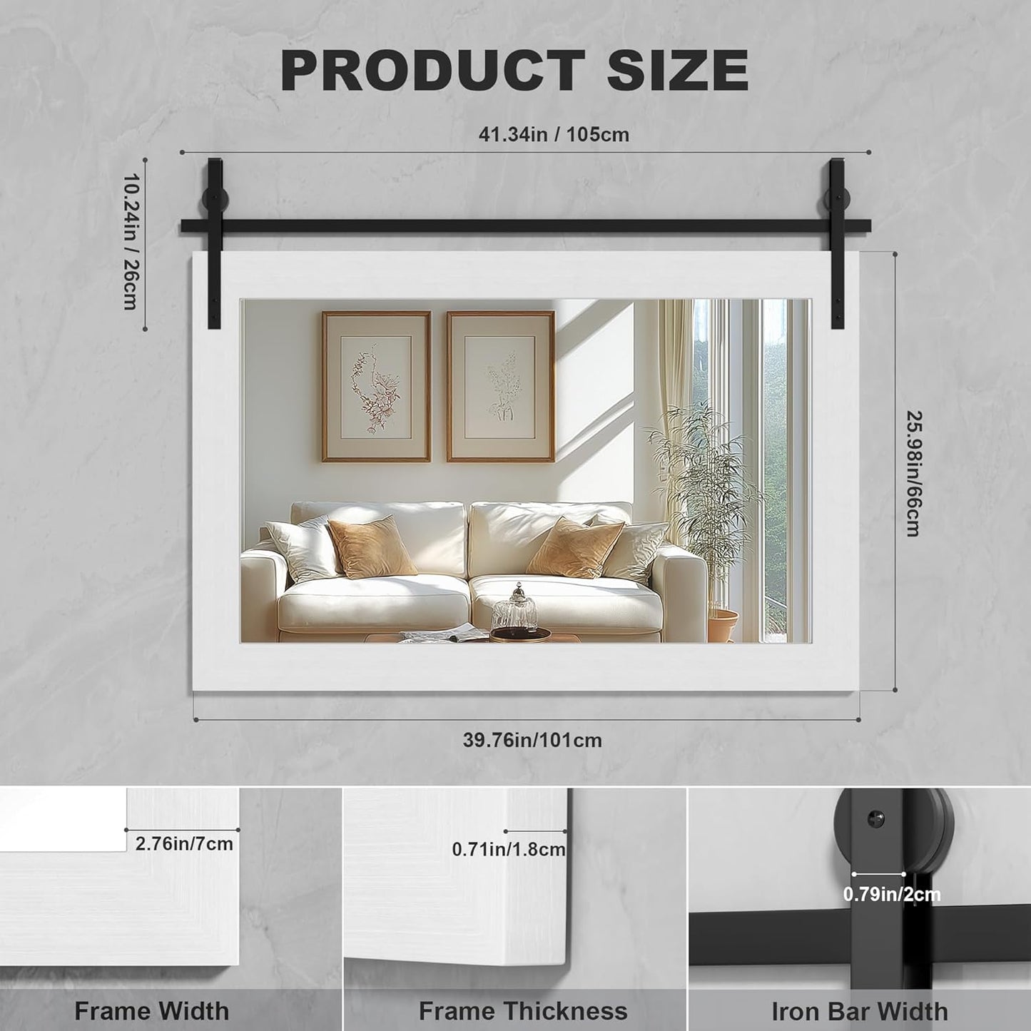 Hasipu Farmhouse Bathroom Mirror, 40"x26" Rustic Wood Framed Wall Mounted Mirror, White Vintage Vanity Mirror Barn Door Style Decrative Mirrors