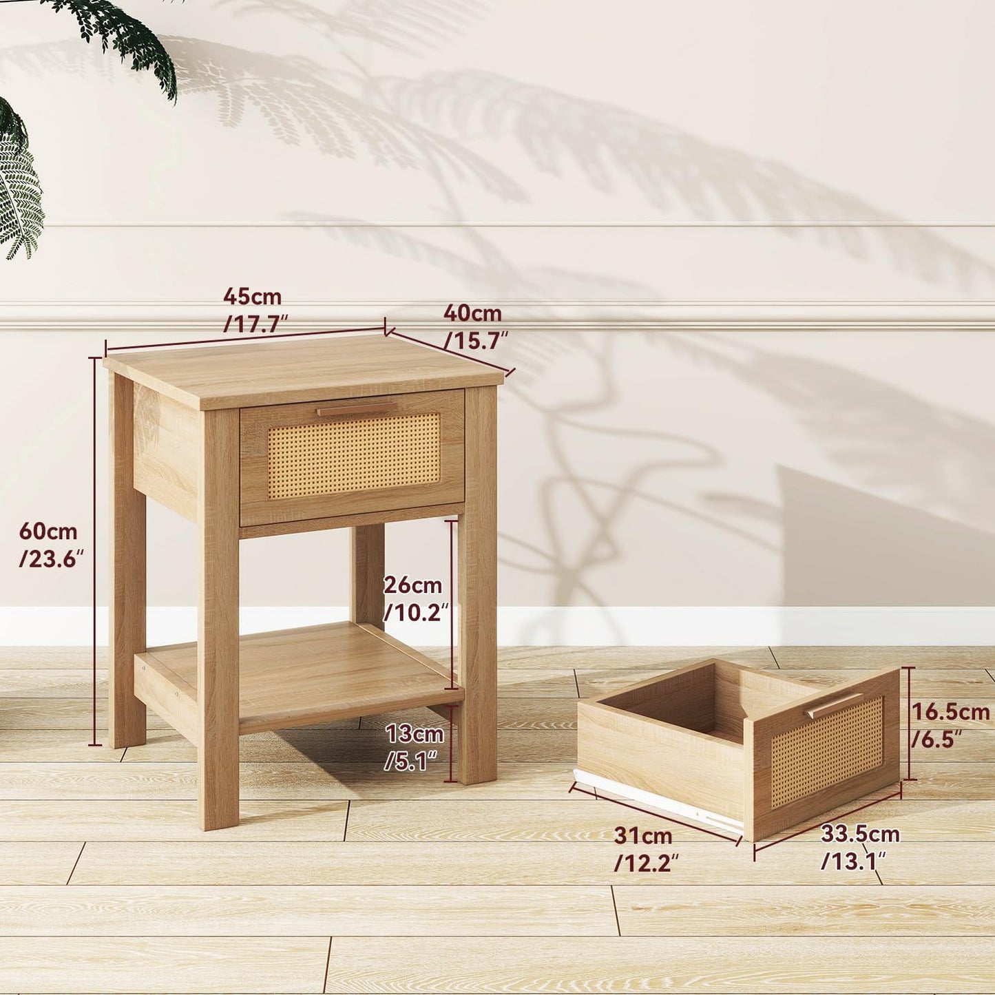 IBUYKE Rattan Nightstand Set of 2, Boho Night Stand with Drawer, Wood Bedside Tables with Storage Shelf, End Table with Legs for Bedroom, Natural UWNS011N-2