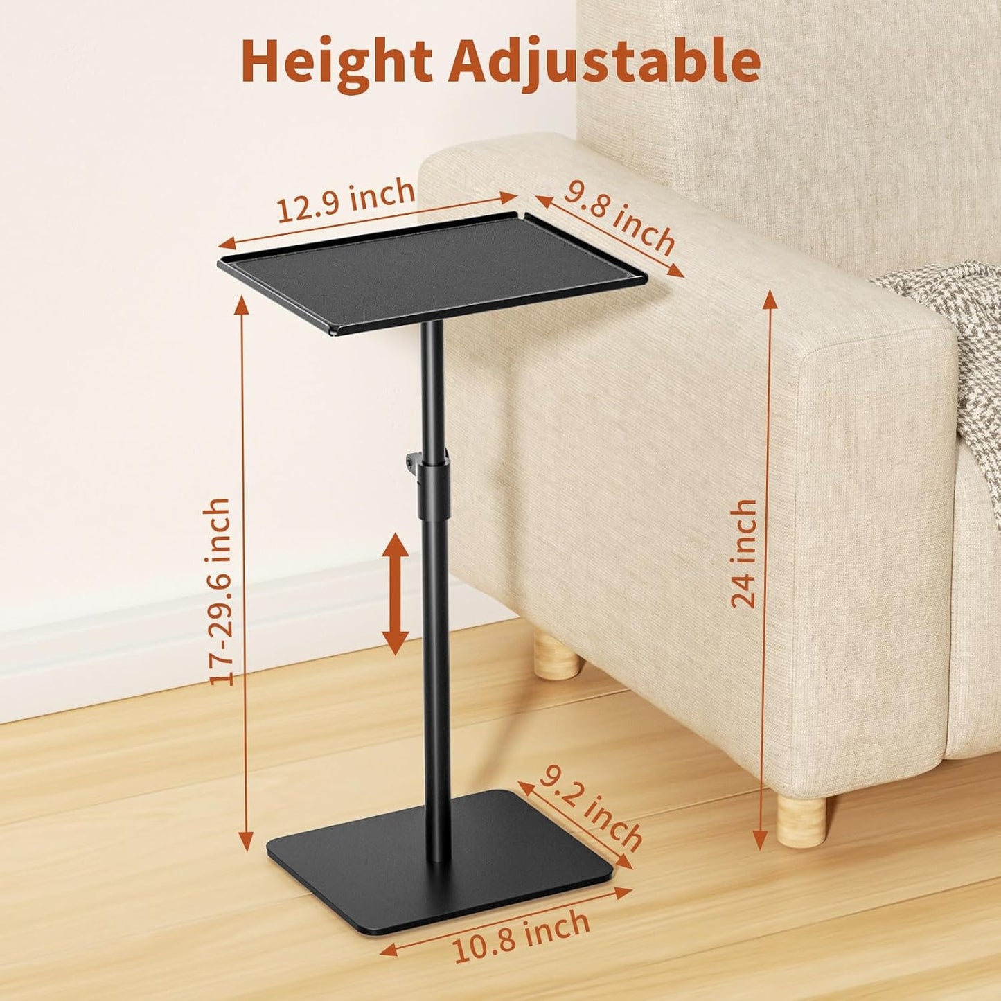 RCHYFEED Metal End Table, Height Adjustable Side Tables Living Room, Small Side Table for Small Spaces with Matte Black Tray, Square Drink Coffee Tables Sofa Table for Bedroom, Sofa Tray Table Indoor