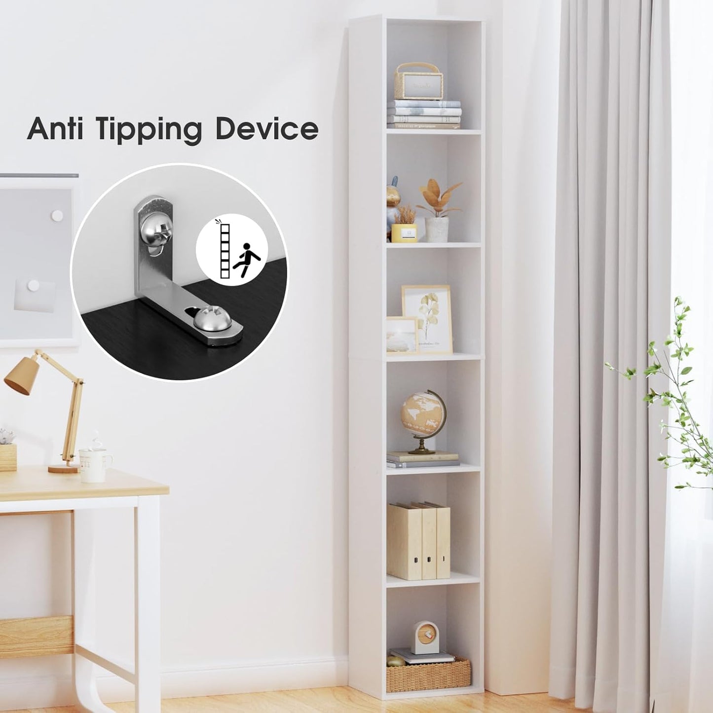 Tall Narrow Bookshelf 6-Tier Bookcase,70.5" Skinny Thin Corner Shelf Slim Storage Cabinet,Wood DVD CD Media Cube Organizer Tower Rack for Small Spaces, Bedroom, Living Room, Office,White