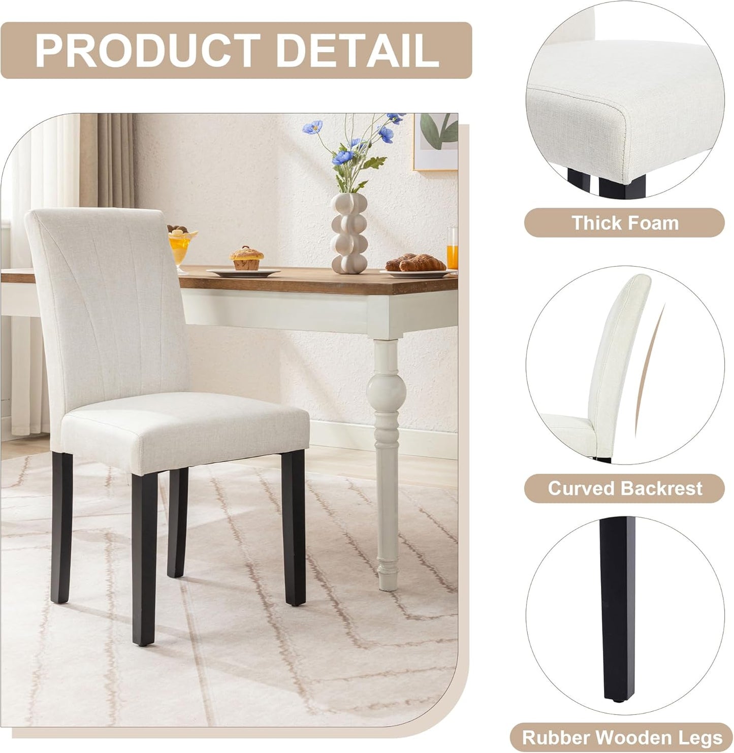 VECELO Upholstered Dining Chairs Set of 2, Modern Fabric and High Back & Solid Wood Legs, Parsons for Kitchen/Living Room- Beige