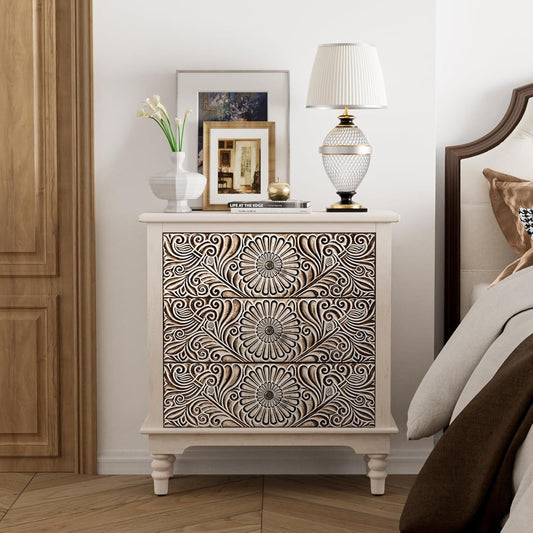 COSIEST 3 Drawers Accent Dresser, Vintage Small Accent Chest with 4 Wood Legs, Free-Standing Buffet Server Nightstand End Table for Bedroom, Living Room, Entryway