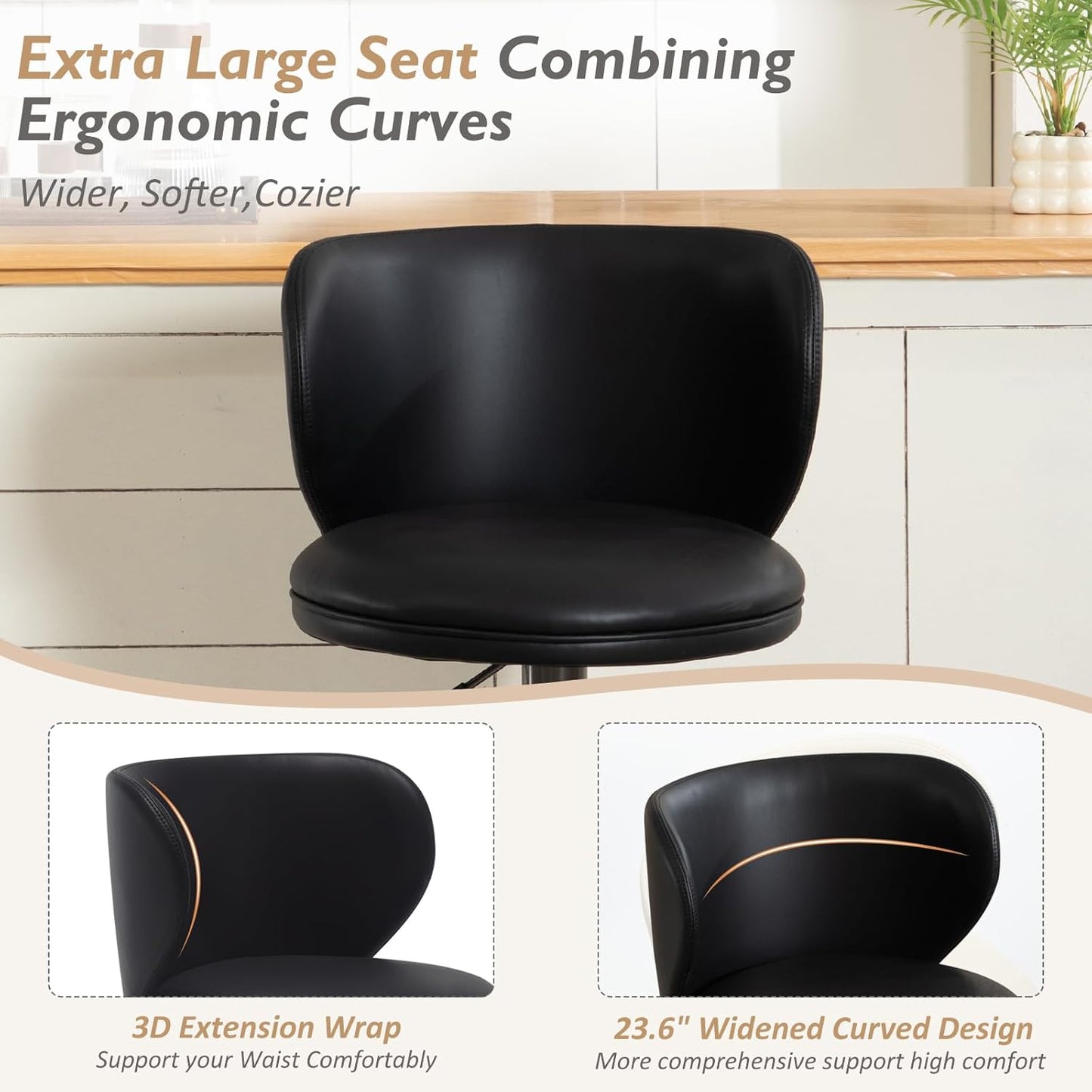 Bar Stools Adjustable Stainless Steel Swivel Barstool with Back and Footrest Leather Upholstered Bar Chairs for Home,Kitchen,Bar, Counter (Black, 1pc)