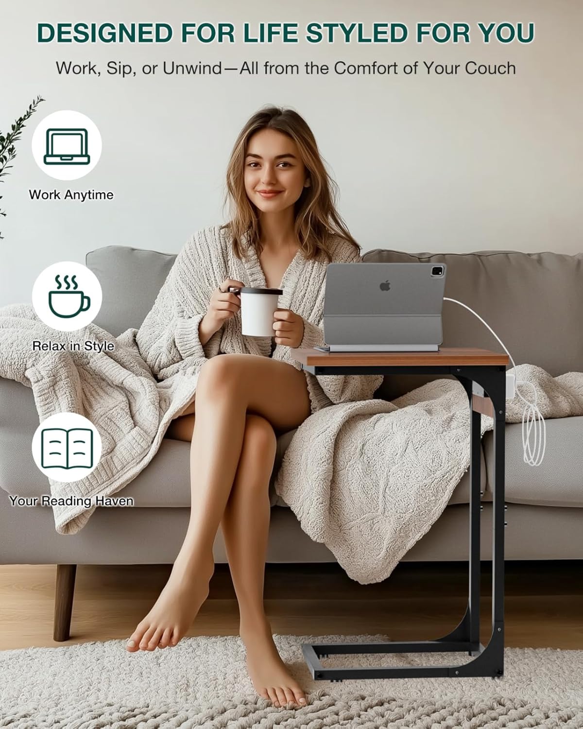 C-Shaped Side Table for Couch - Small Coffee Stand Sofa Tray Desk with Metal Frame Waterproof Scratch Resistant Wood Top and Built-in Charging Station, Rustic Walnut