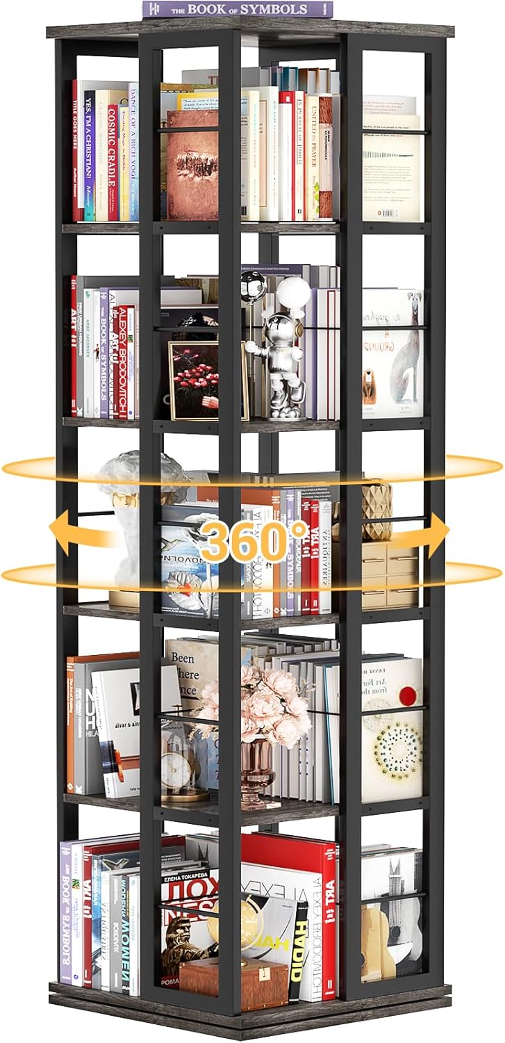 Aheaplus Rotating Bookshelf, Corner Bookcase, 360 Display Wood Spinning Bookshelves, Floor Standing Bookcase Narrow Shelf,5 Tiers, Grey Oak