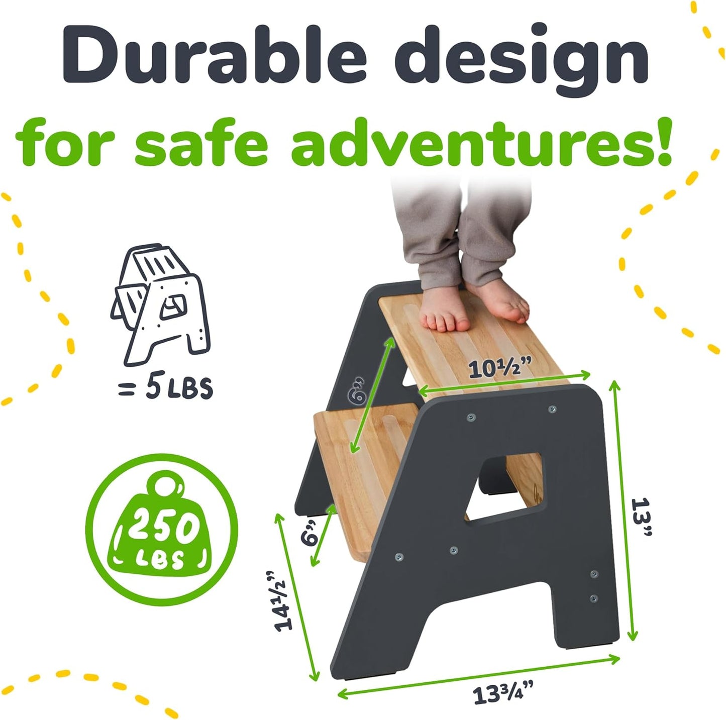 2-Step Wooden Step Stool for Toddlers | Kids Stool for Bathroom Sink & Kitchen Use | Non-Slip Step | Wooden Stool for Children Ages 2+ Years Gray