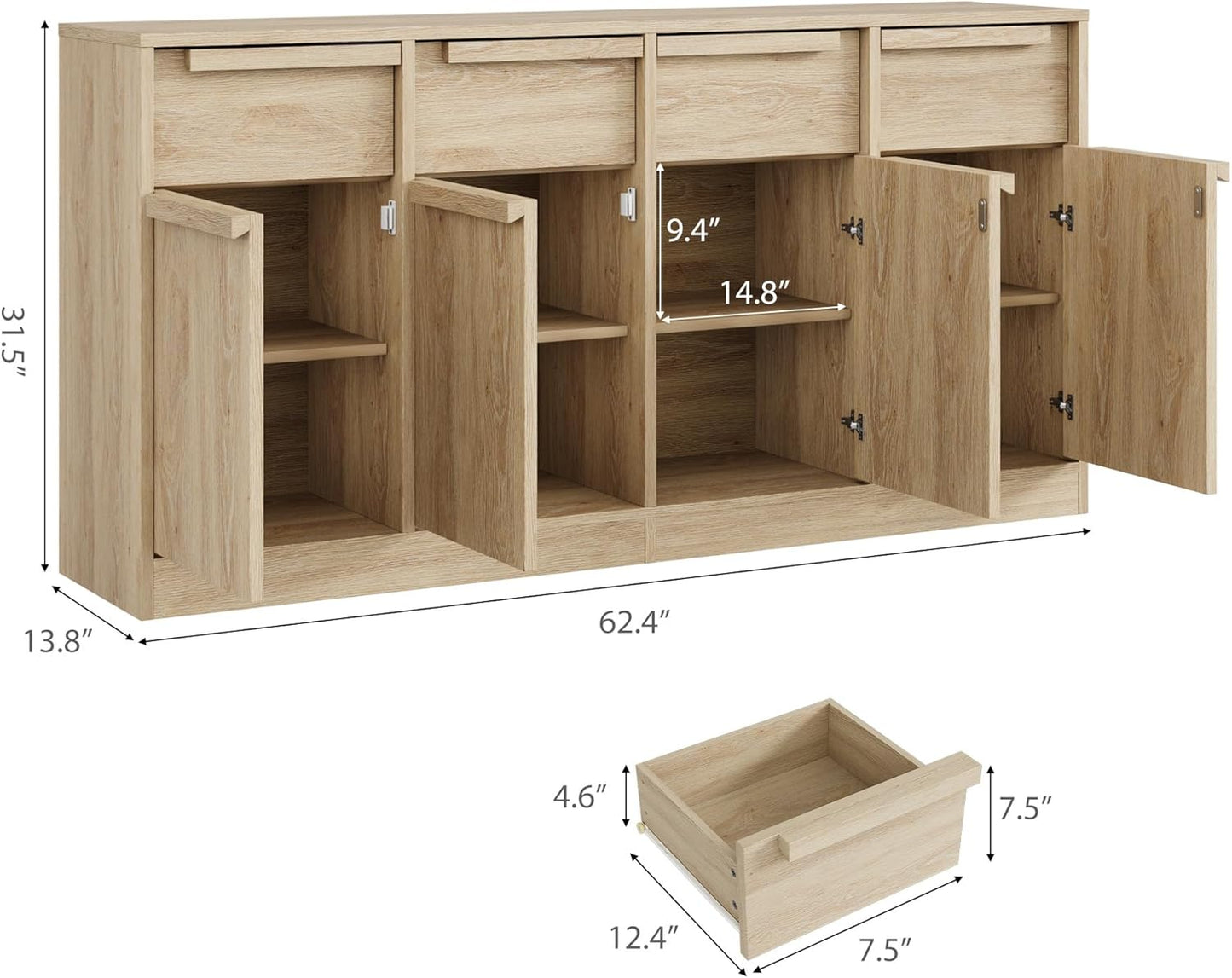 GarveeHome Sideboard Buffet Cabinet with 4 Drawers, 62.4" Large Coffee Cabinet with Storage, Modern Storage Buffet Table for Kitchen Dining Room, Living Room (Pear Wood, 4 Doors & 4 Drawers)