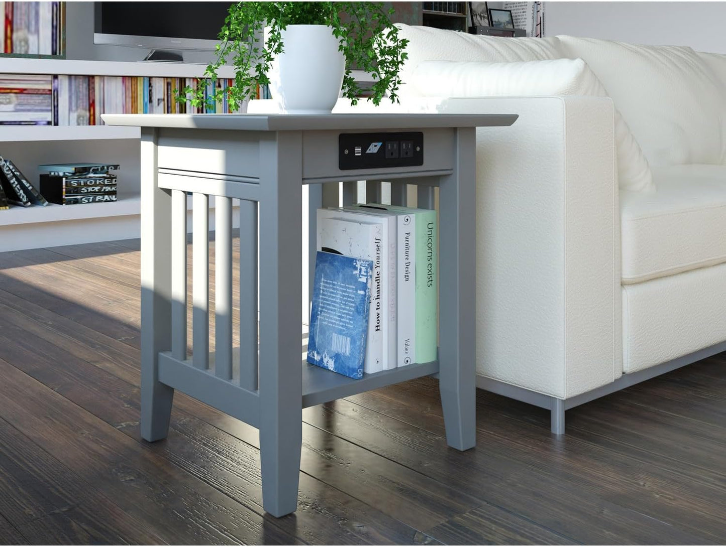 AFI, Mission End Table with Charging Station, Grey