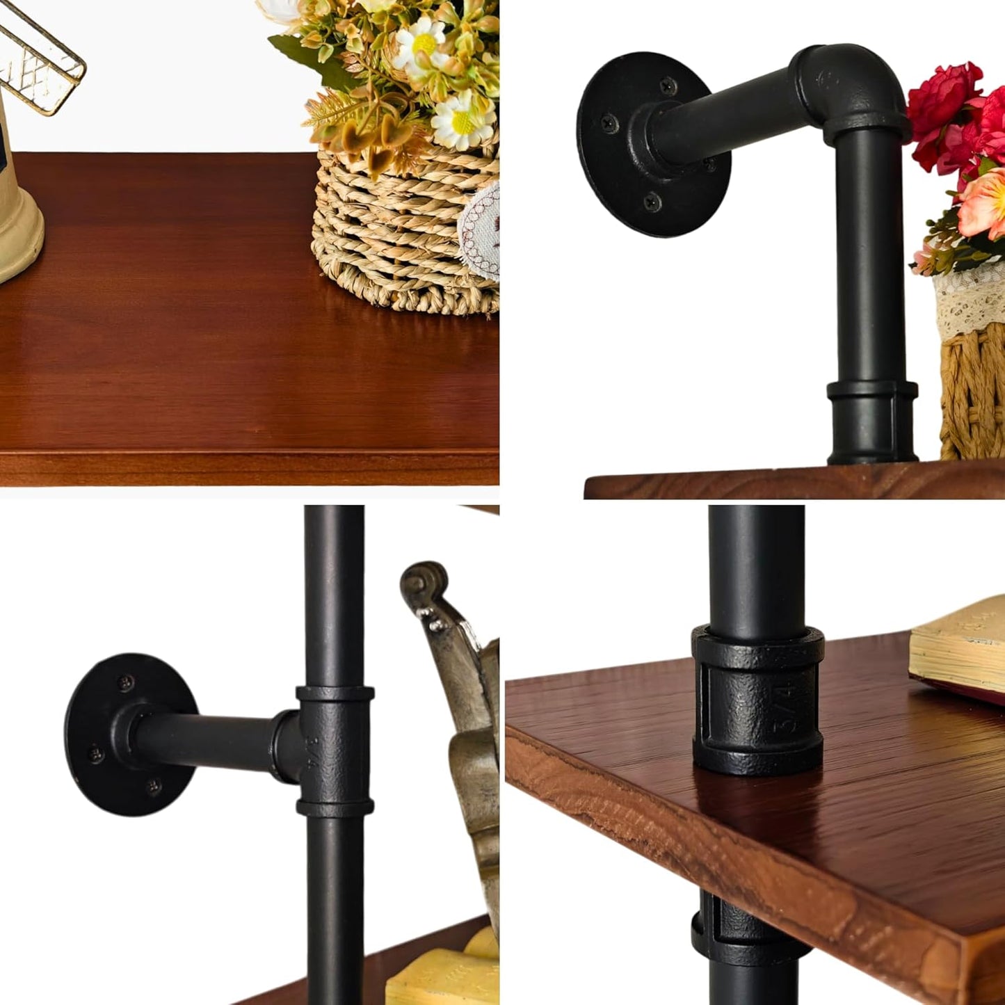 Pipe Industrial Shelves, Wall Mounted Wood Metal Ladder Rustic Bookshelf (Walnut Color, 6 Tier - 10" D x 30" W x 82.5" H)