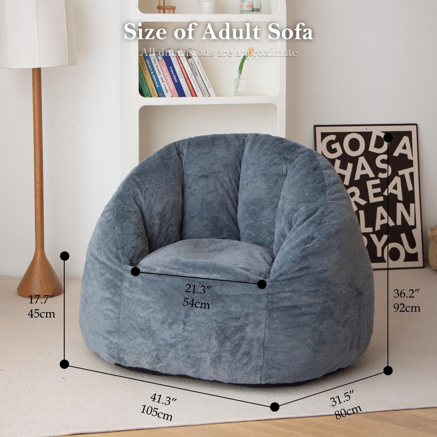 N&V Large Shell Bean Bag Chair, Adult Size Bean Bag Sack, Foam Filling, Includes Removable and Machine Washable Cover, 40in, Soft Faux Fur, Blue