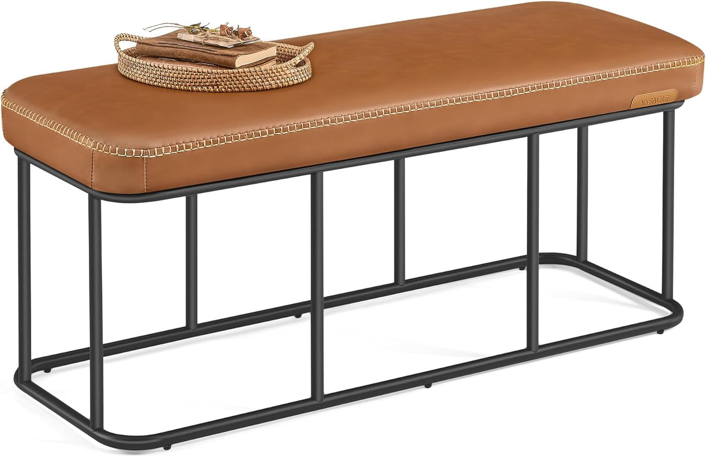 VASAGLE EKHO Collection - Storage Bench for Entryway, Ottoman Bench with Steel Frame, 43.3-Inch Wide, Synthetic Leather, Living Dining Room, Mid-Century Modern, Loads 660 lb, Caramel Brown ULOM085K01