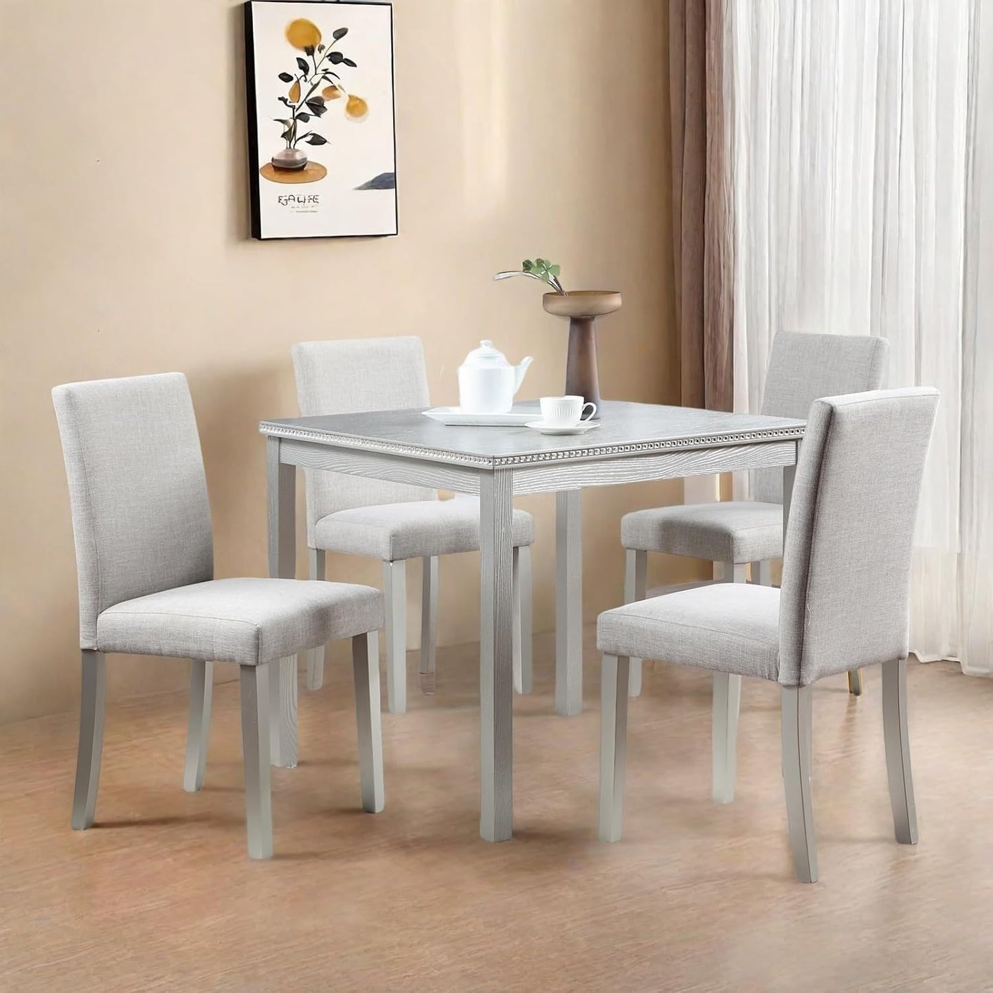 Dining Table Set for 4, 5-Piece Kitchen Table & Chairs Set with Versatile Square Table & 4 Upholstered Chairs, 34.5'' Dinner Set with Crystal Decorations & Wood Grain Design, Silver Gray