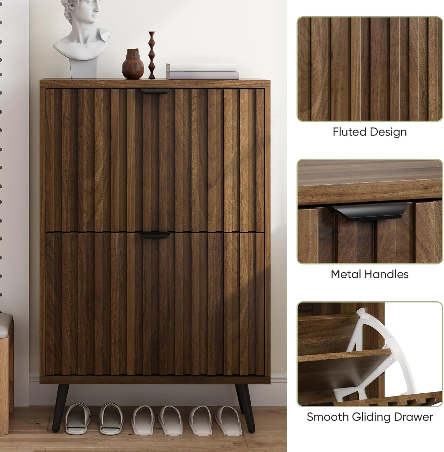 Smuxee Shoe Cabinet with 2 Flip Drawers, 23.6" Walnut Hidden Shoe Storage Cabinet with Fluted Design, Freestanding Shoe Organizer Cabinet for Entryway, Hallway, Closet, Living Room