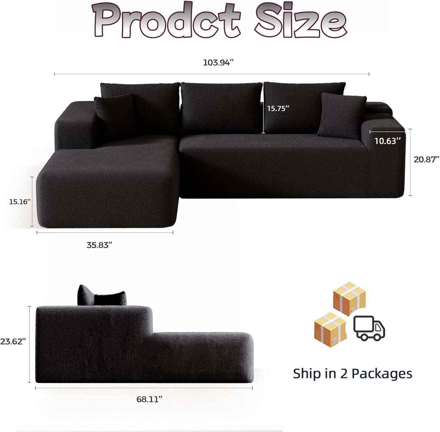 Cloud Sectional Couch, 104”L-Shape Oversized Sofa with Right Chaise Lounge, Modular Sleeper Couch with Pillows & Deep Seat, Rain Drop Velvet Fabric Compressed Sofa for Living Room, Black