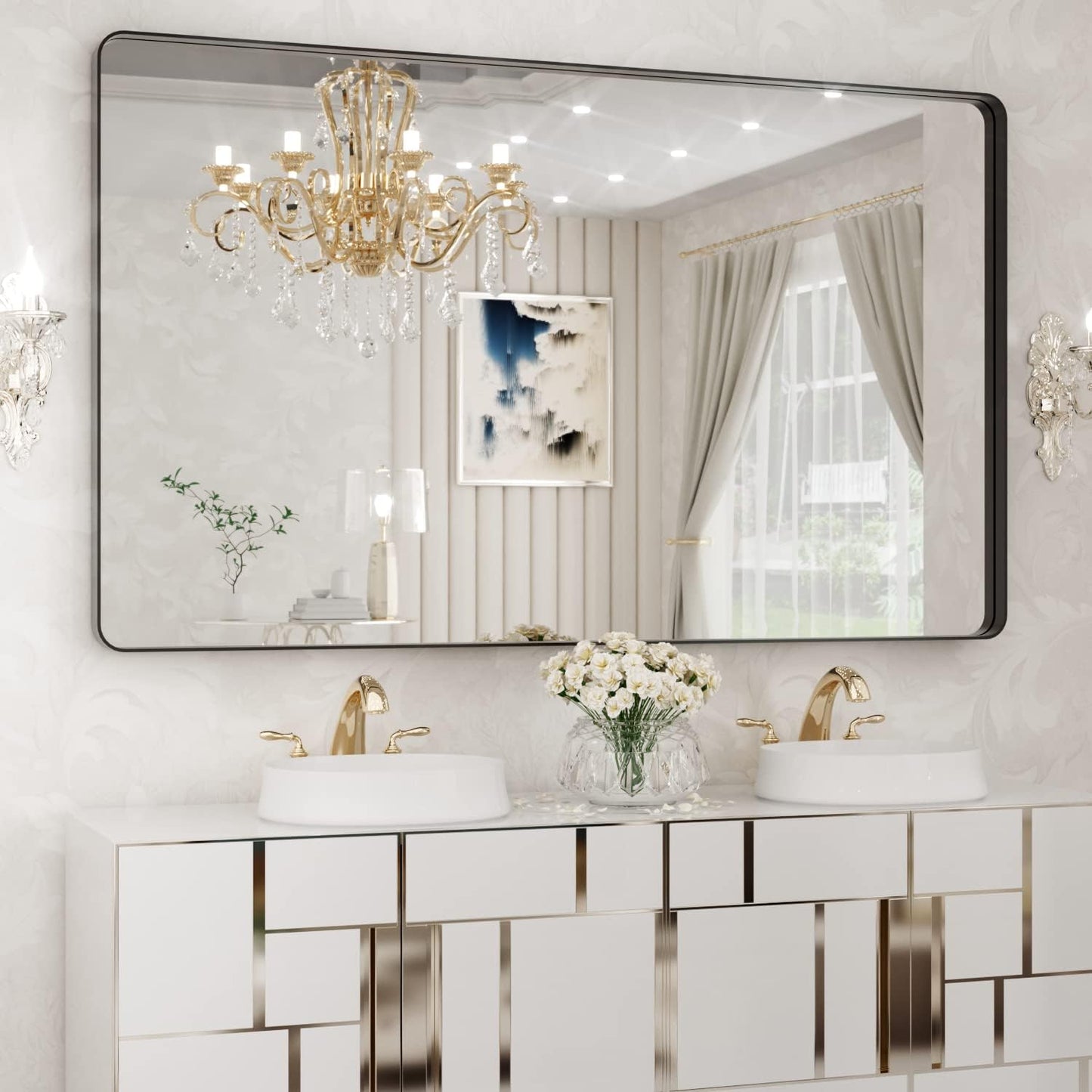 WEER Black Metal Framed Mirror, 60X36 Inch Rectangular Matte Black Wall Mirror for Bathroom, Rounded Corner Black Bathroom Vanity Mirror, Tempered Glass, Anti-Rust, Hangs Horizontal or Vertical