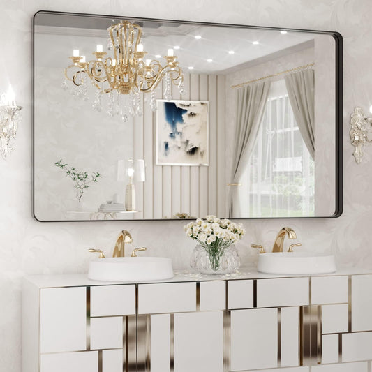 WEER Black Metal Framed Mirror, 60X36 Inch Rectangular Matte Black Wall Mirror for Bathroom, Rounded Corner Black Bathroom Vanity Mirror, Tempered Glass, Anti-Rust, Hangs Horizontal or Vertical
