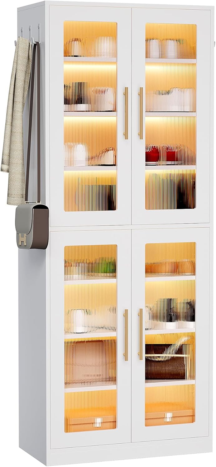 LITTLE TREE Stylish 8-Tier Vertical Shoe Rack with Built-in LED Lighting, Doors for Dust Protection, and Convenient External Hooks, Shoe Cabinet for Entryway, Living Room, Bedroom, White