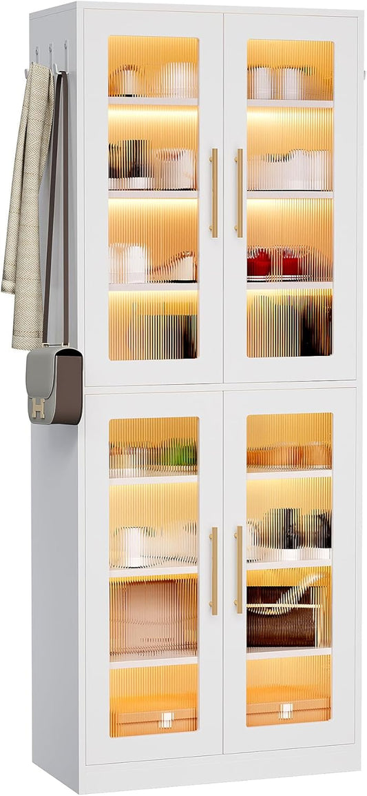 LITTLE TREE Stylish 8-Tier Vertical Shoe Rack with Built-in LED Lighting, Doors for Dust Protection, and Convenient External Hooks, Shoe Cabinet for Entryway, Living Room, Bedroom, White