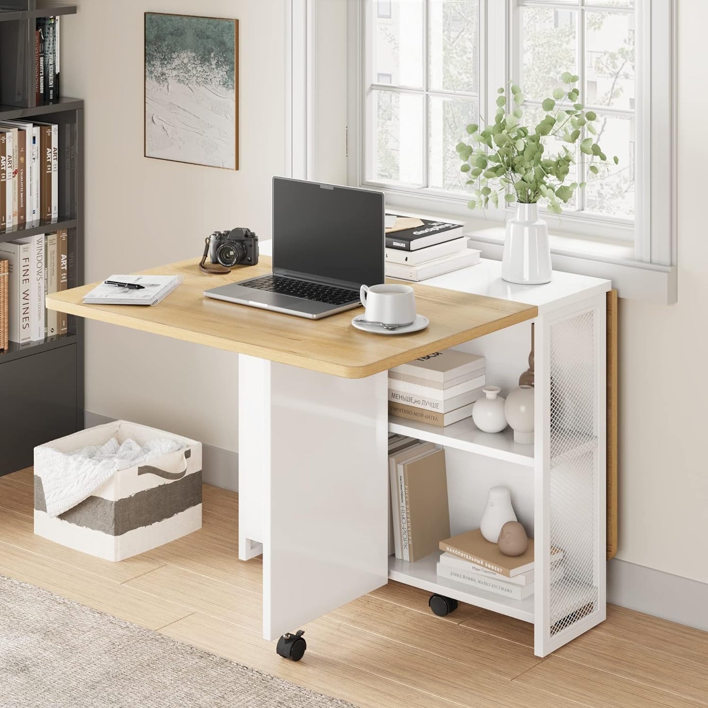 IDEALHOUSE Folding Dining Table, Drop Leaf Dining Table with 6 Wheels and 2-Layer Storage Shelf, Space Saving Dining Table for Small Spaces (Natural Wood, 50.1" D x 31.4" W x 29.5" H)